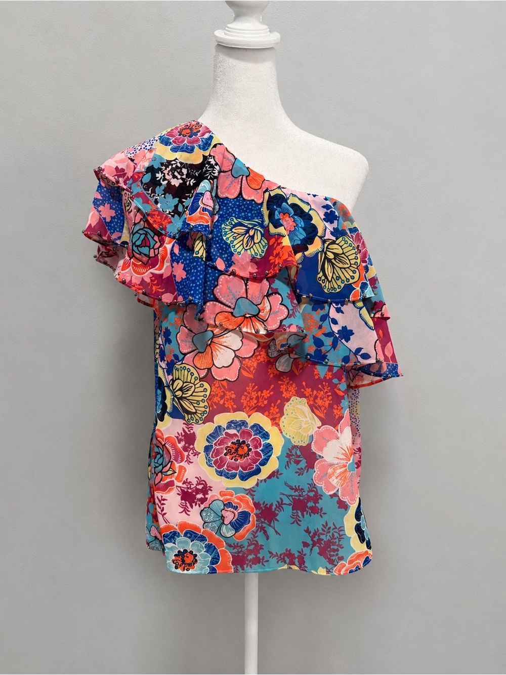 Cristina V Women’s S One Shoulder Floral Ruffle Blouse Silver Bead Accent Boho